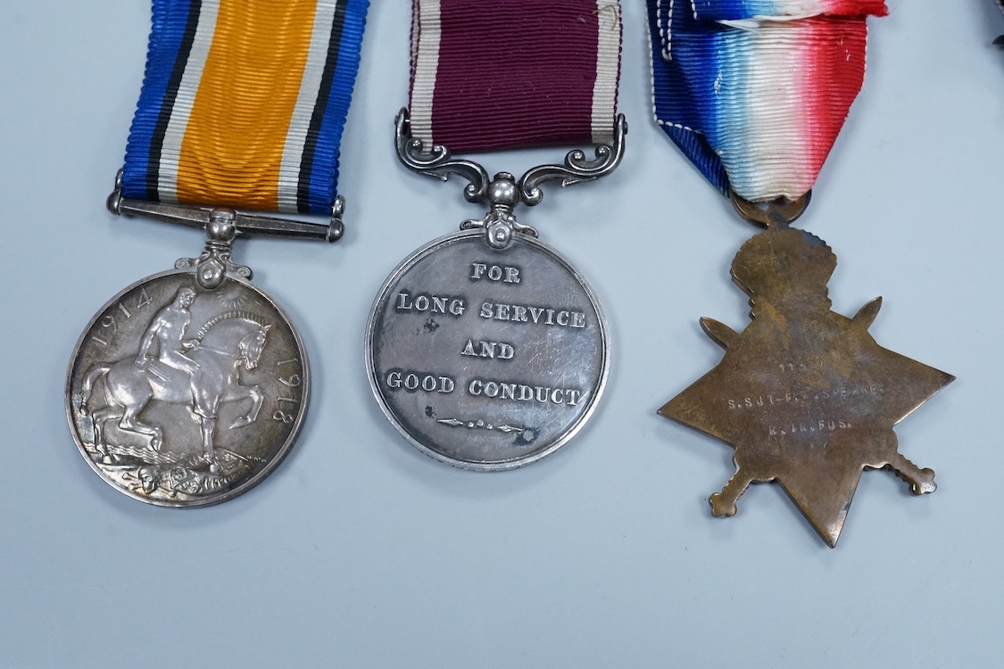 A First World War medal group of six medals awarded to Staff Sjt. Francis William Speare Royal Irish Fusiliers/I.M.L., comprising of the 1914-15 Star, 1914-1918 Medal, Victory Medal with oak leaf, India medal with clasp